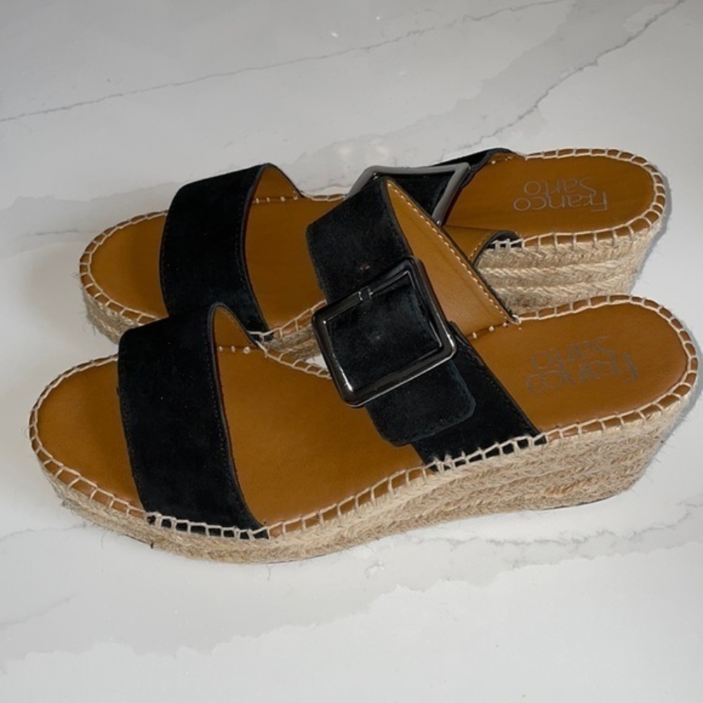 Franco Sarto Espadrille Wedge Leather Sandals Strappy Buckle Size‎ 9.5 Black